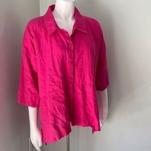 FLAX Pink Linen Lagenlook Button Front Collared Blouse